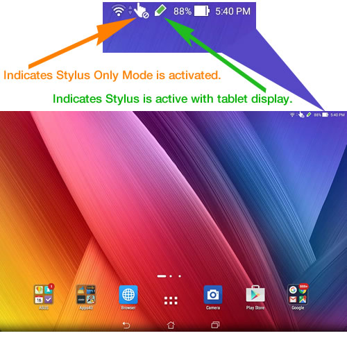 This is what your display looks like when your Z Stylus IS active with your tablet. Notice the clear indicators of whether your tablet is in stylus mode only.